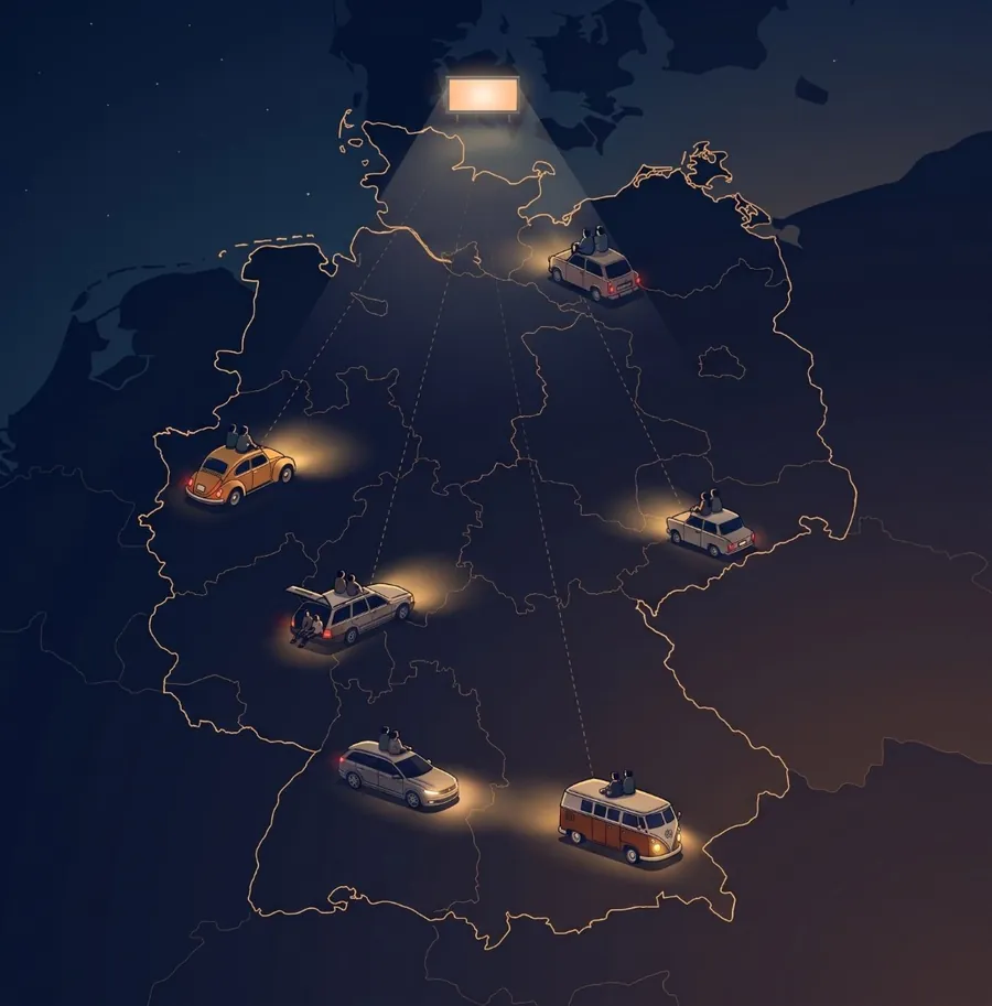 Illustration: Deutschlandkarte bei Nacht, an der Nordsee eine leuchtende Kinoleinwand, sechs Autos an den Orten der aktiven Autokinos, auf den Dächern sitzen Zuschauer